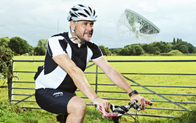 Cyclist wearing a helmet