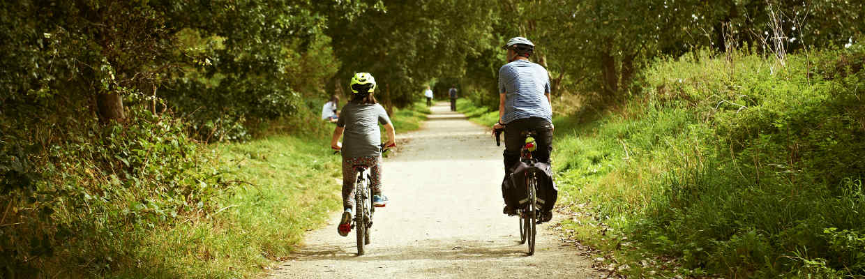 A father and son cycle down a country lane